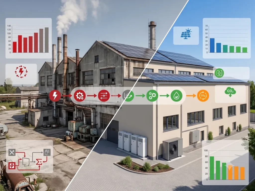 Produktionsgebäude vor und nach der Energieoptimierung: Photovoltaik, Wärmepumpe und sinkende Verbrauchskennzahlen