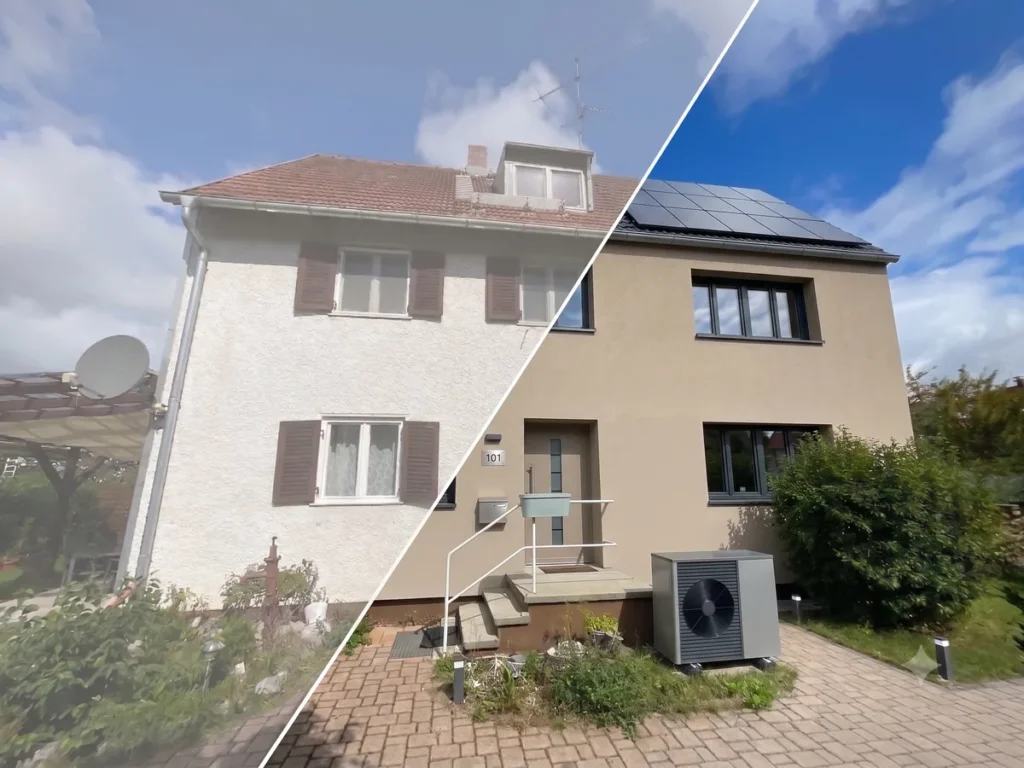 Wohnhaus vor und nach der energetischen Sanierung: neue Fenster, Photovoltaik und Wärmepumpe