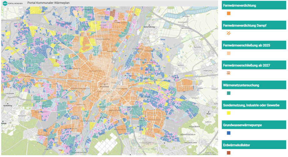 Auszug aus dem Geo-Portal der LH München mit dem Kommunalen Wärmeplan