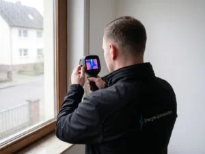 Energieberater prüft eine Fensterlaibung mit der Wärmebildkamera