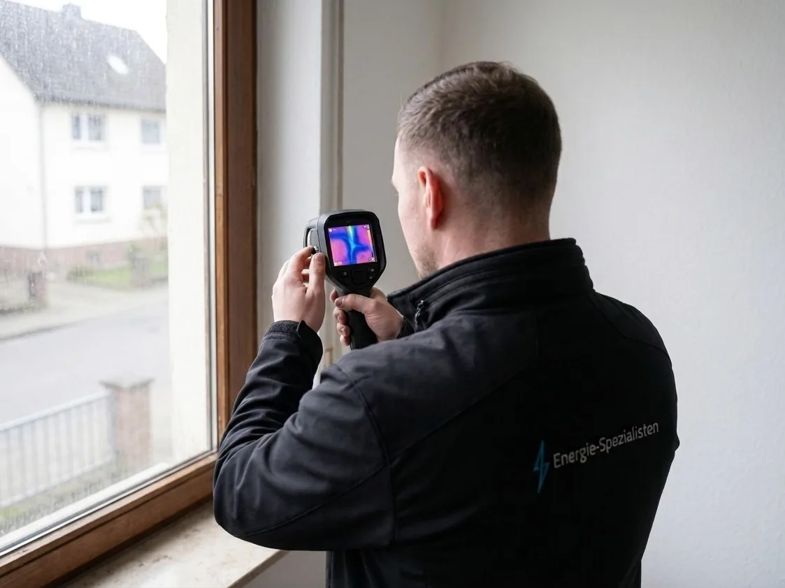 Energieberater prüft eine Fensterlaibung mit der Wärmebildkamera