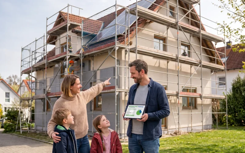 Familie vor einem eingegerüsteten Einfamilienhaus während der energetischen Sanierung