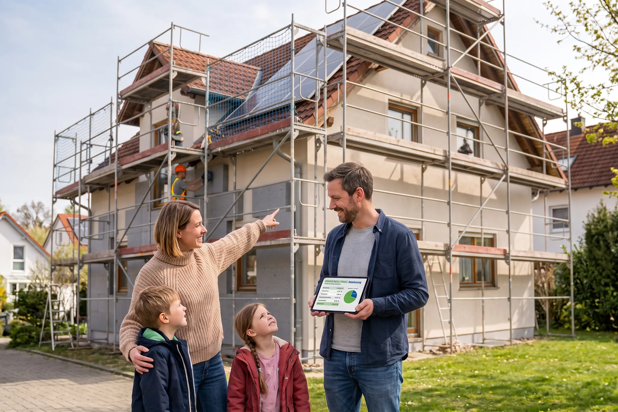 Familie vor einem eingegerüsteten Einfamilienhaus während der energetischen Sanierung