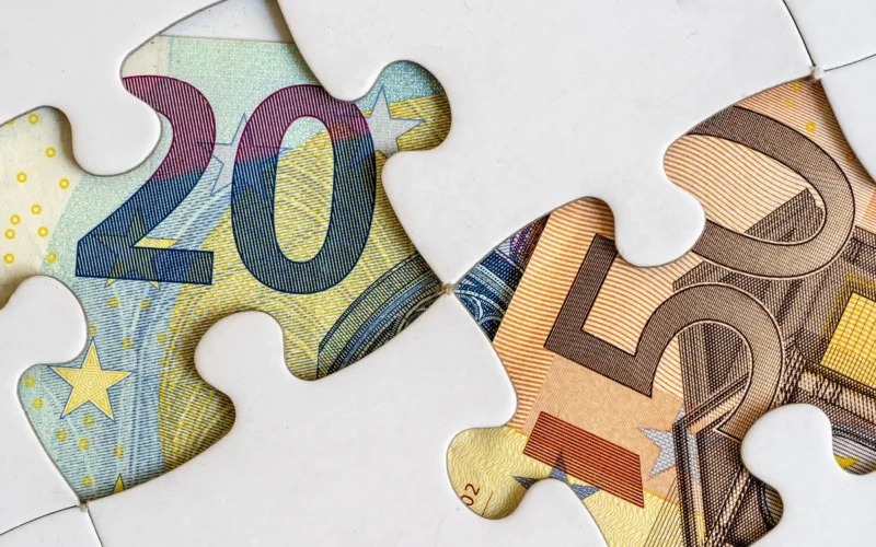 Zwei Puzzleteile aus Euro-Geldscheinen fügen sich zusammen