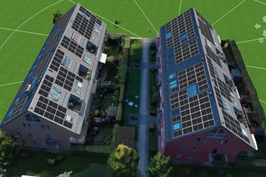 Visualisierung der geplanten Photovoltaikanlage auf den Dächern zweier Mehrfamilienhäuser in der Toni-Berger-Straße in München